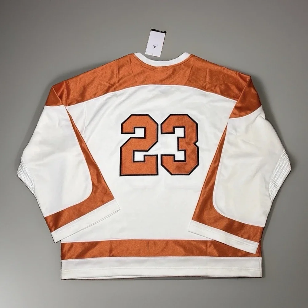 Men Size LARGE Jordan Brooklyn Collegiate Hockey Jersey White Orange HV0109-133